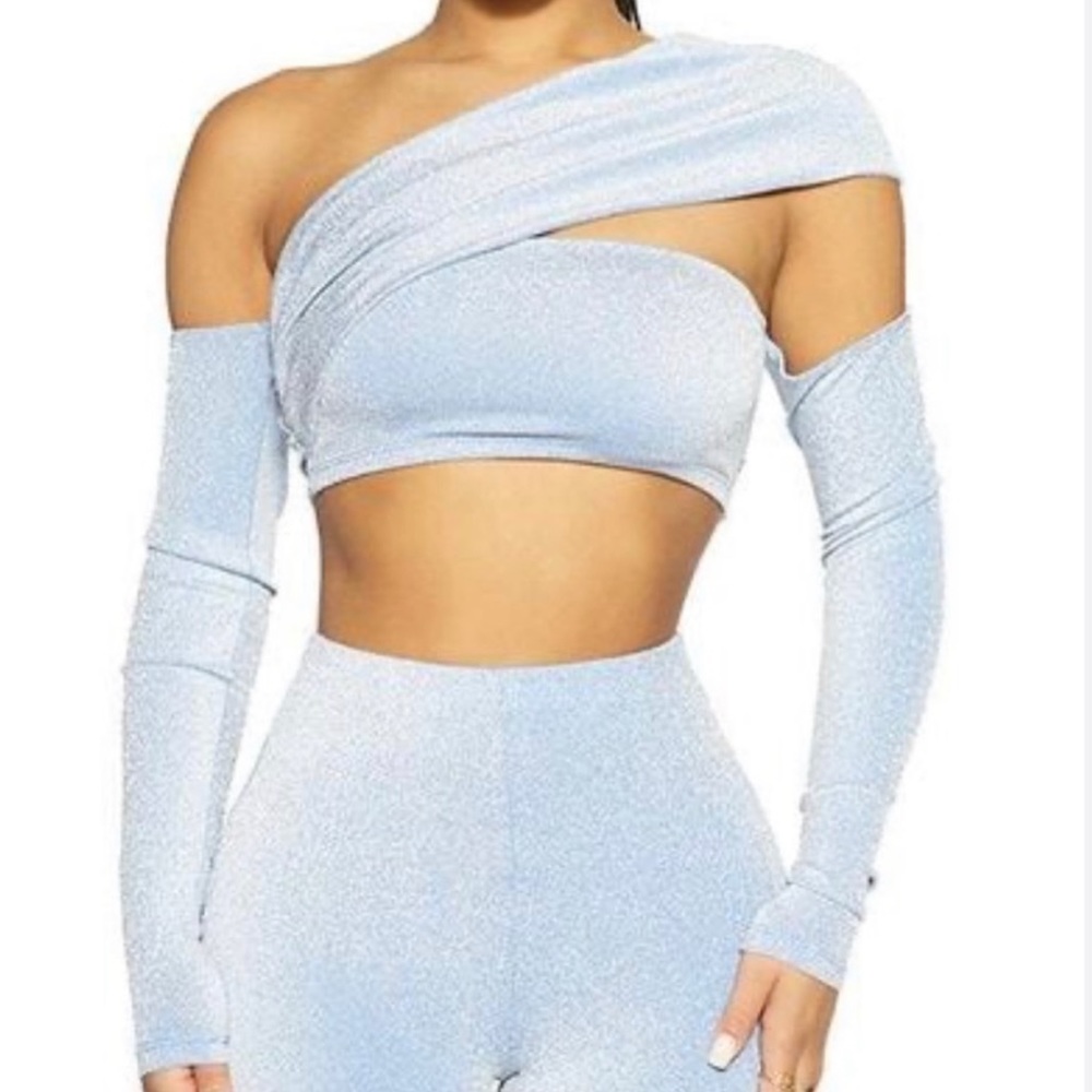 NWT Naked Wardrobe | Overly Long Sleeve Off The Shoulder Crop Top Blue M